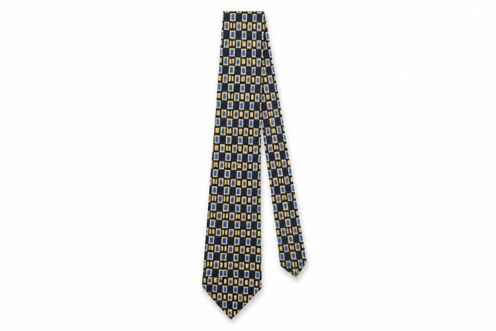 Front view of Cezan Men's Blue Gold Geometric Silk Tie