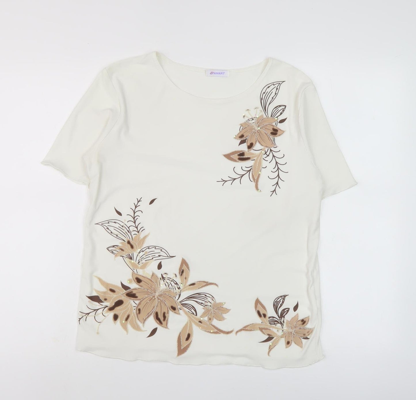 Damart Women's Beige Floral T-Shirt, Size 14