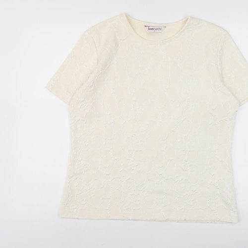 Bonmarché Women Ivory Top M, Short Sleeve, Lace Detail