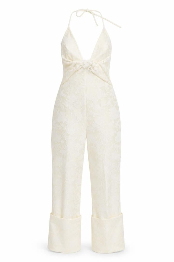 Front view of PRETTYLITTLETHING White Floral Halter Jumpsuit, size 12