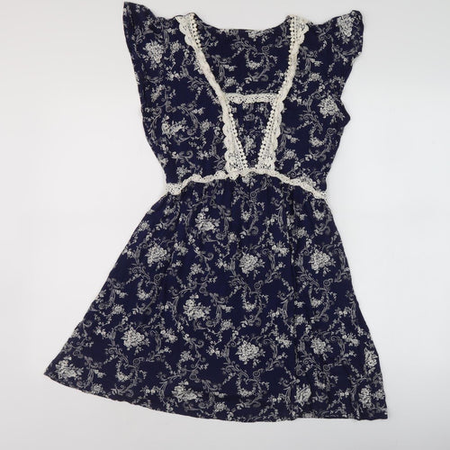 Oasis Women's Blue A-Line Floral V-Neck Dress Size M
