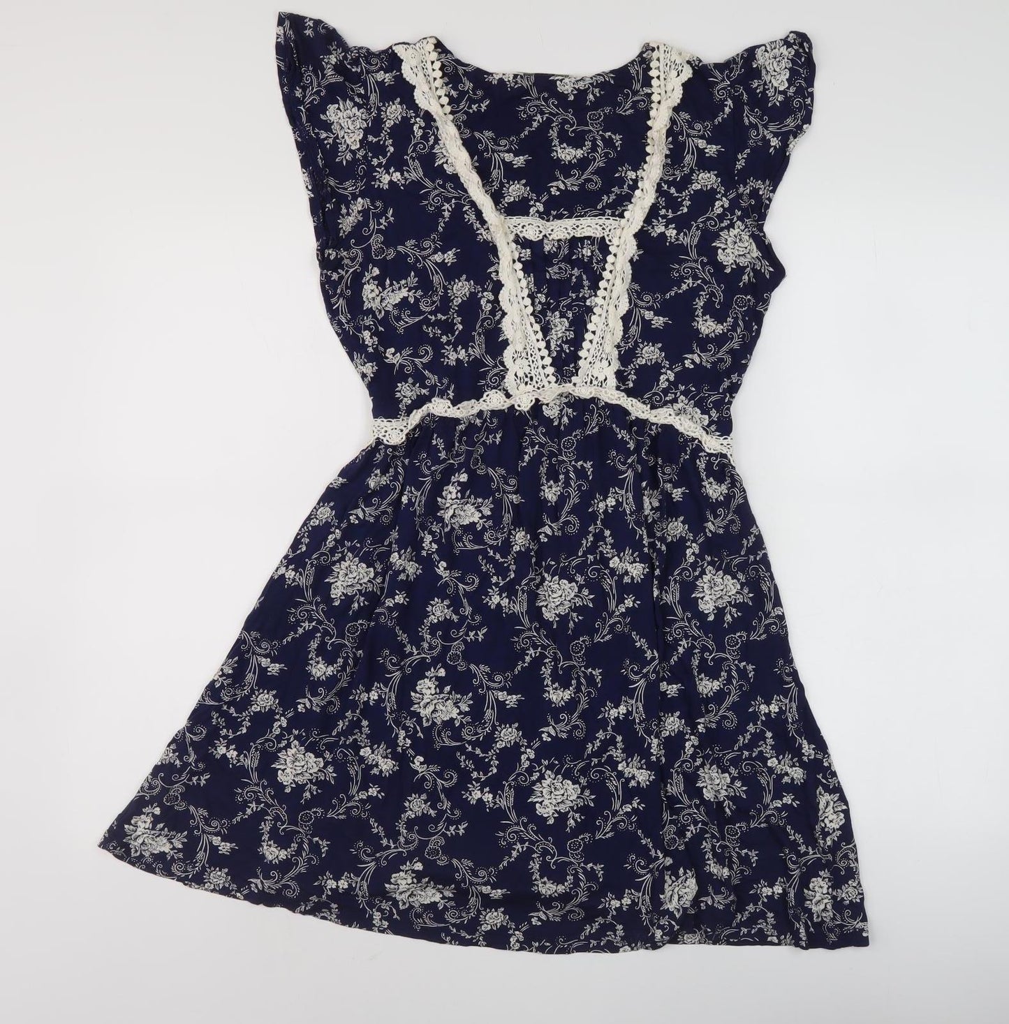 Oasis Women's Blue A-Line Floral V-Neck Dress Size M
