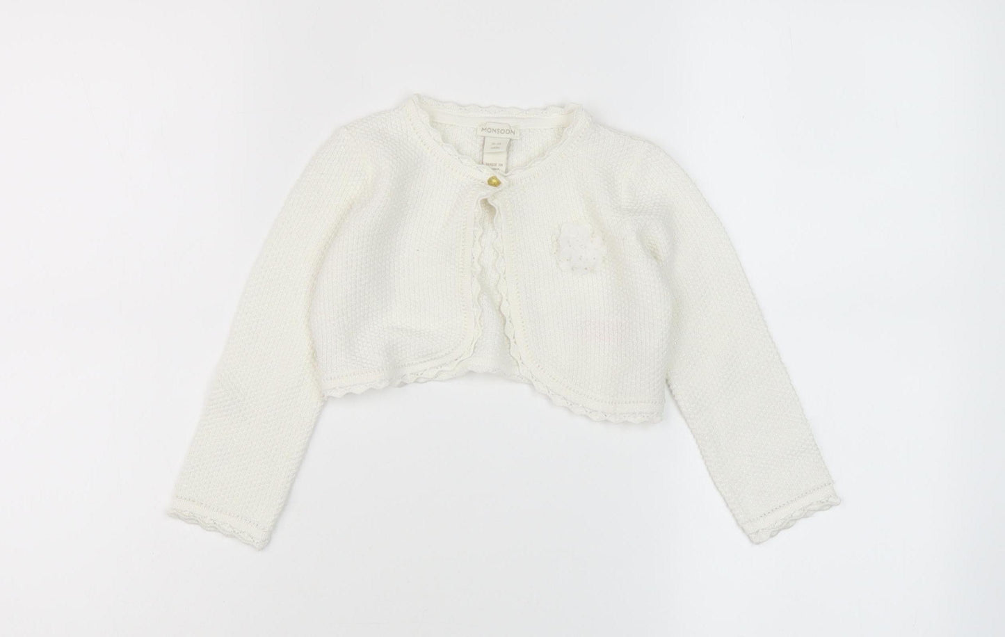 Monsoon Girls White Cardigan, 2 Years, Button Accent