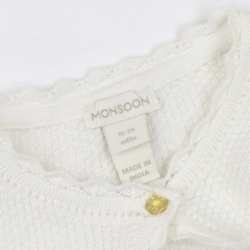 Monsoon Girls White Cardigan, 2 Years, Button Accent