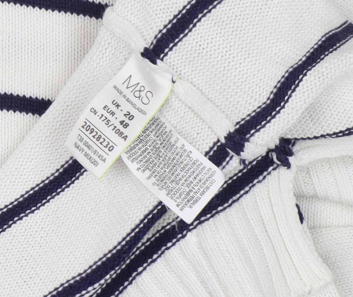 Marks and Spencer Women's White Striped Pullover Jumper Size 20