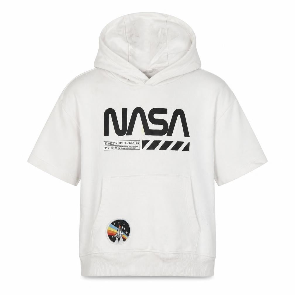 Front view of Next boys’ nasa hoodie white 7-8 years pullover space themed