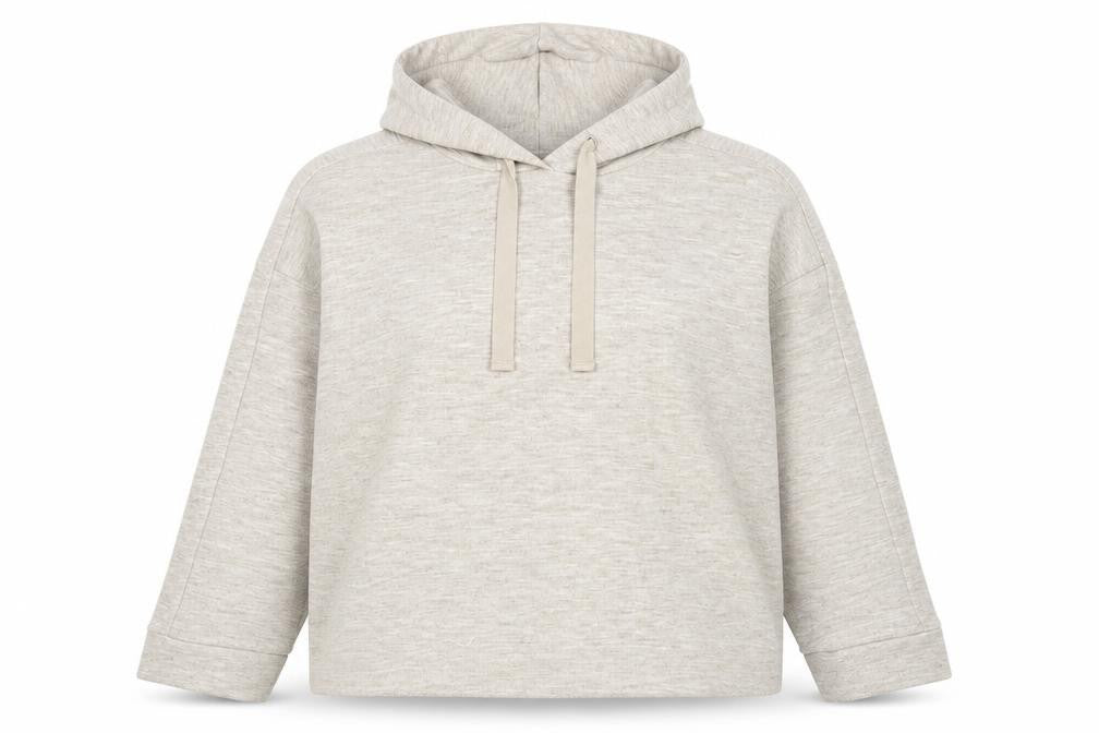 Front view of Mango Women's Beige Pullover Hoodie, size 12, Relaxed Cotton Blend