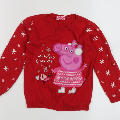George Girls Red Peppa Pig Jumper 3-4 Years, Winter Cartoon Knit