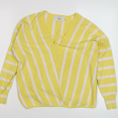 ONLY Women’s Yellow V-Neck Striped Pullover Jumper