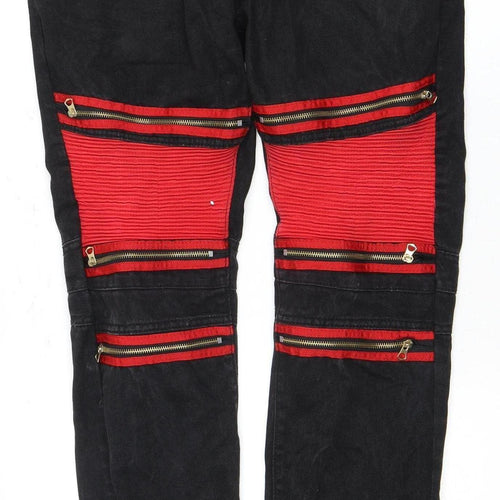 Bie Pa Men's Black Denim Jeans with Red Zip Accents - Size 36