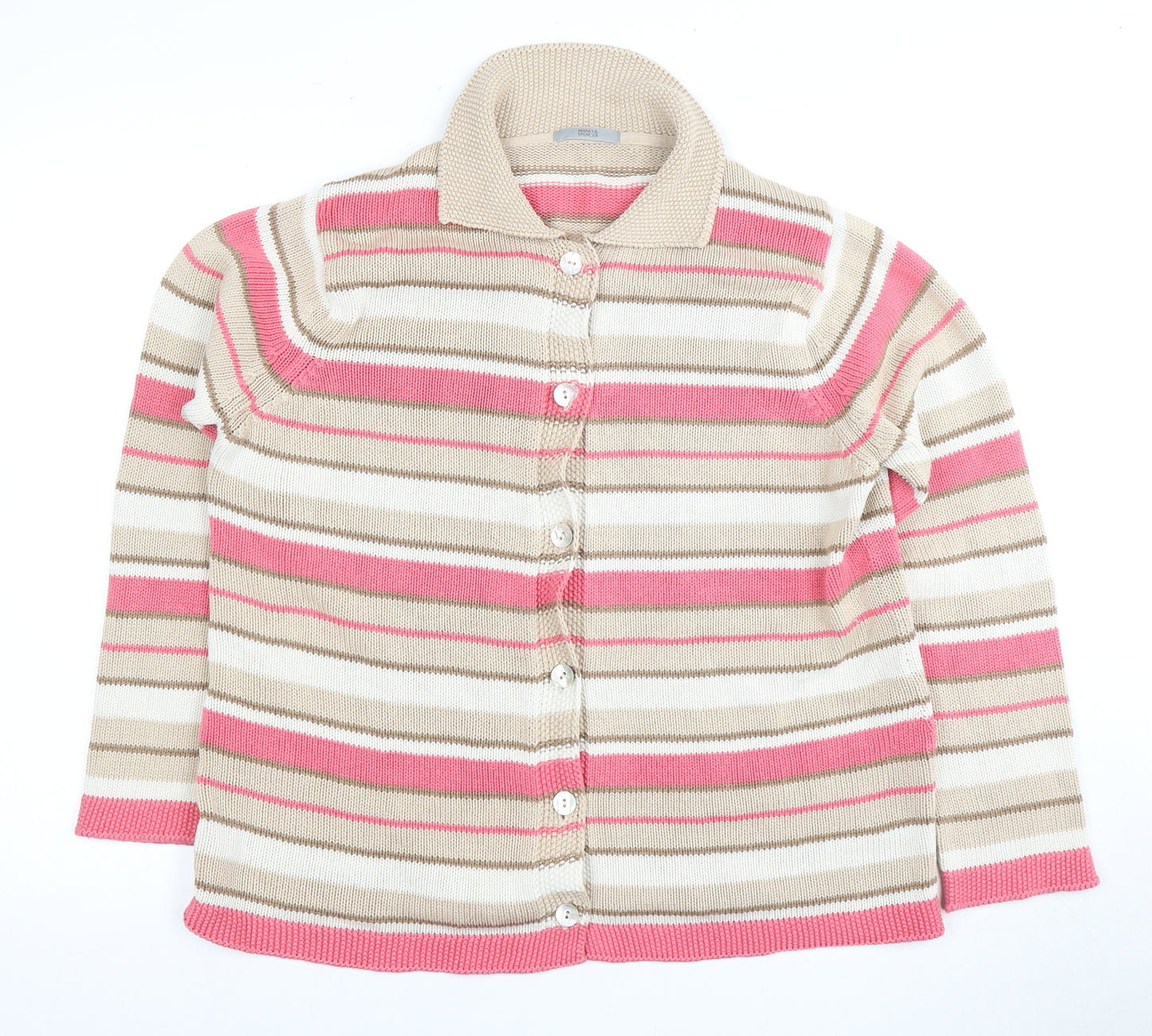 Marks and Spencer Women's Pink Striped Collared Cardigan Size 16