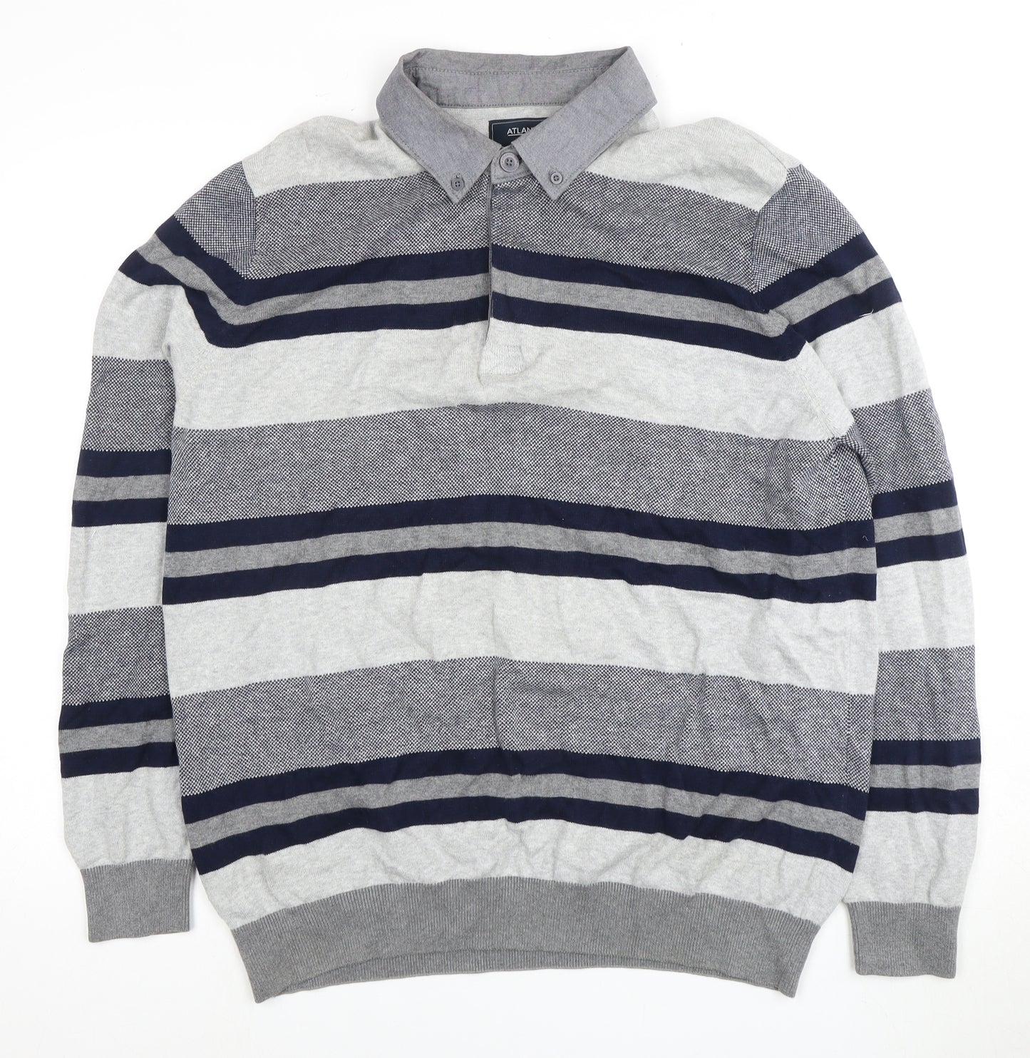 Atlantic Bay Men's Grey Striped Collared Pullover Jumper - Size L