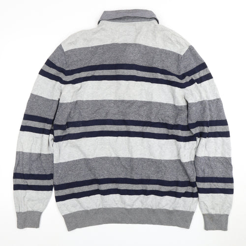 Atlantic Bay Men's Grey Striped Collared Pullover Jumper - Size L