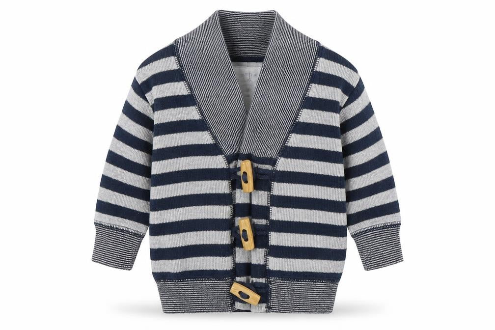 Front view of Next unisex baby cardigan, grey striped, 3-6 months, button closure