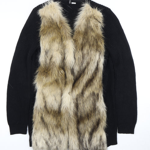 H&M Divided Women's Black Cardigan Fur Trim Size 10
