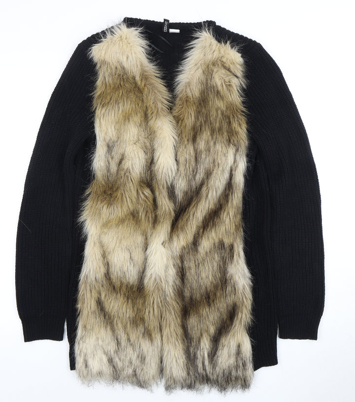 H&M Divided Women's Black Cardigan Fur Trim Size 10