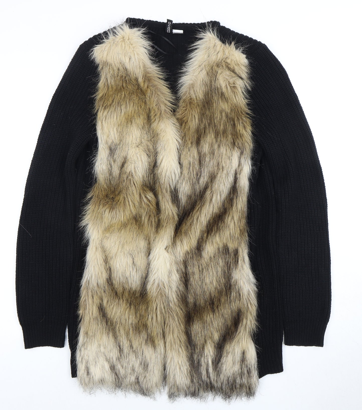 H&M Divided Women's Black Cardigan Fur Trim Size 10