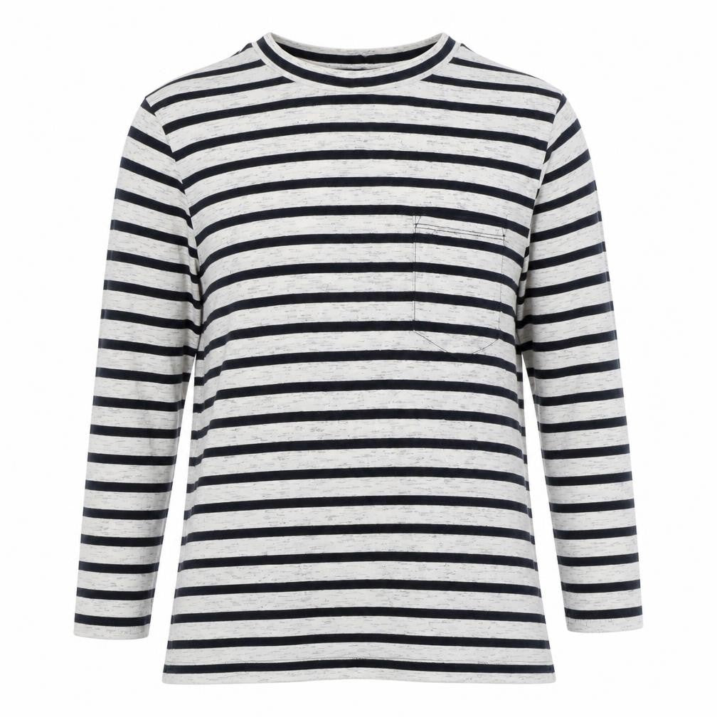 Front view of Warehouse Women's Black White Striped Long Sleeve Tee, size 6