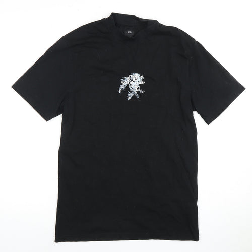 River Island Men's Black S T-Shirt, Crew Neck, Embroidered Accent