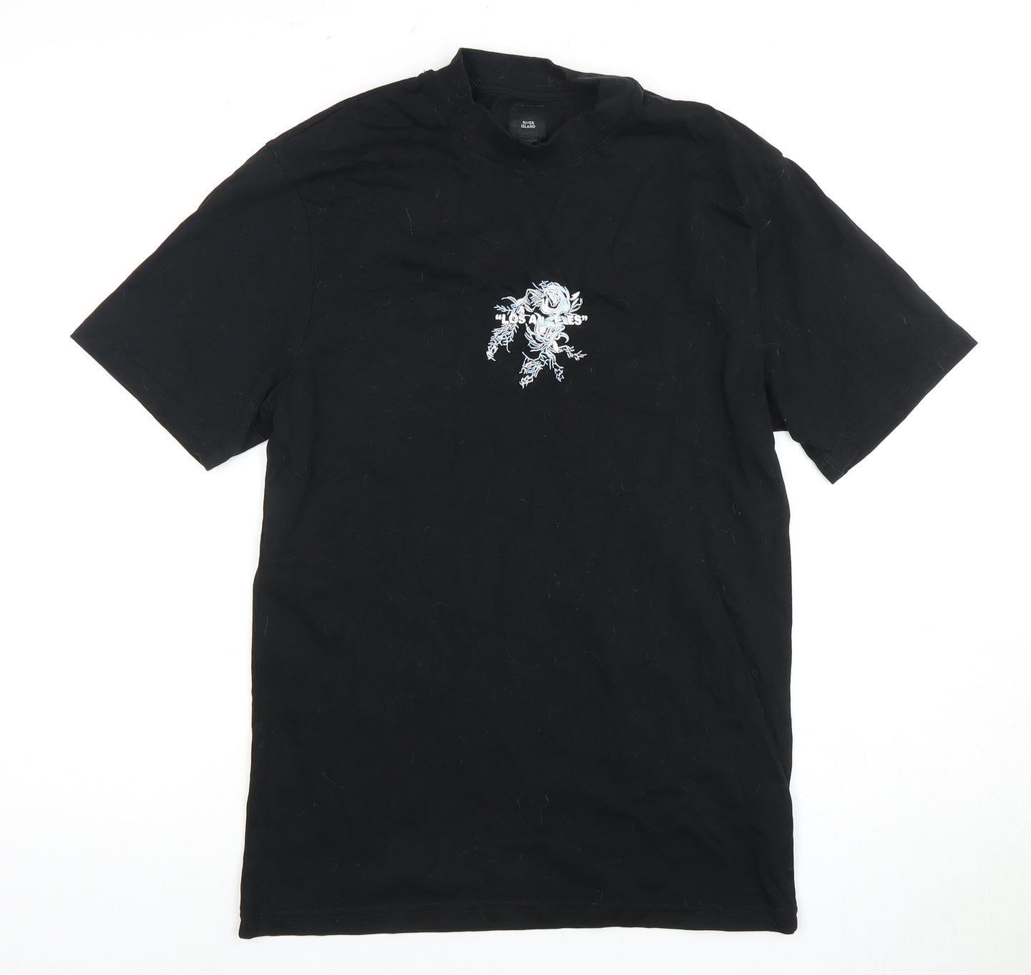 River Island Men's Black S T-Shirt, Crew Neck, Embroidered Accent