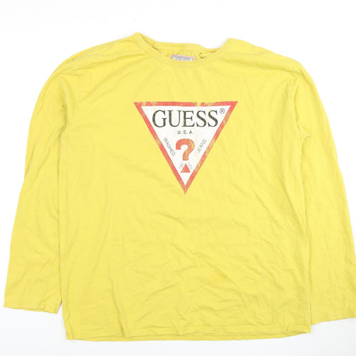 Guess Men's Yellow Long Sleeve Logo T-Shirt, Size M