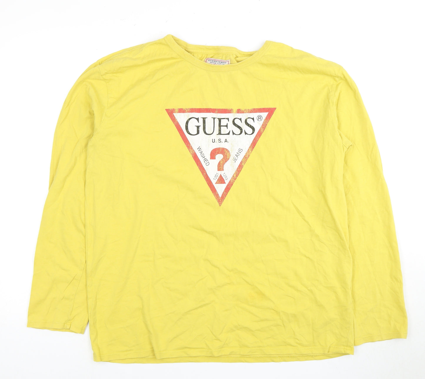 Guess Men's Yellow Long Sleeve Logo T-Shirt, Size M