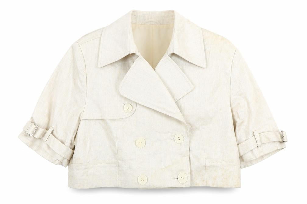 Front view of Kit Women's Beige Cropped Buttoned Linen Jacket, size 12