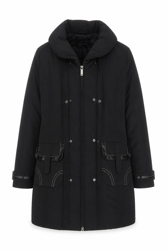Front view of Gerry Weber unisex black parka coat, size 12, long sleeve