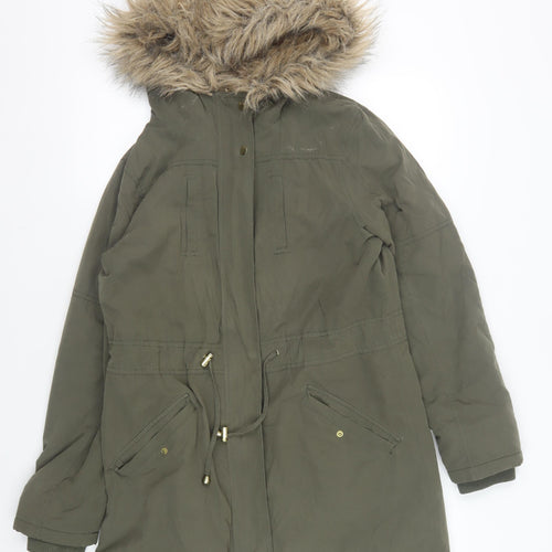 Oasis Women's Green Parka Coat S Hooded Winter Fur Trim