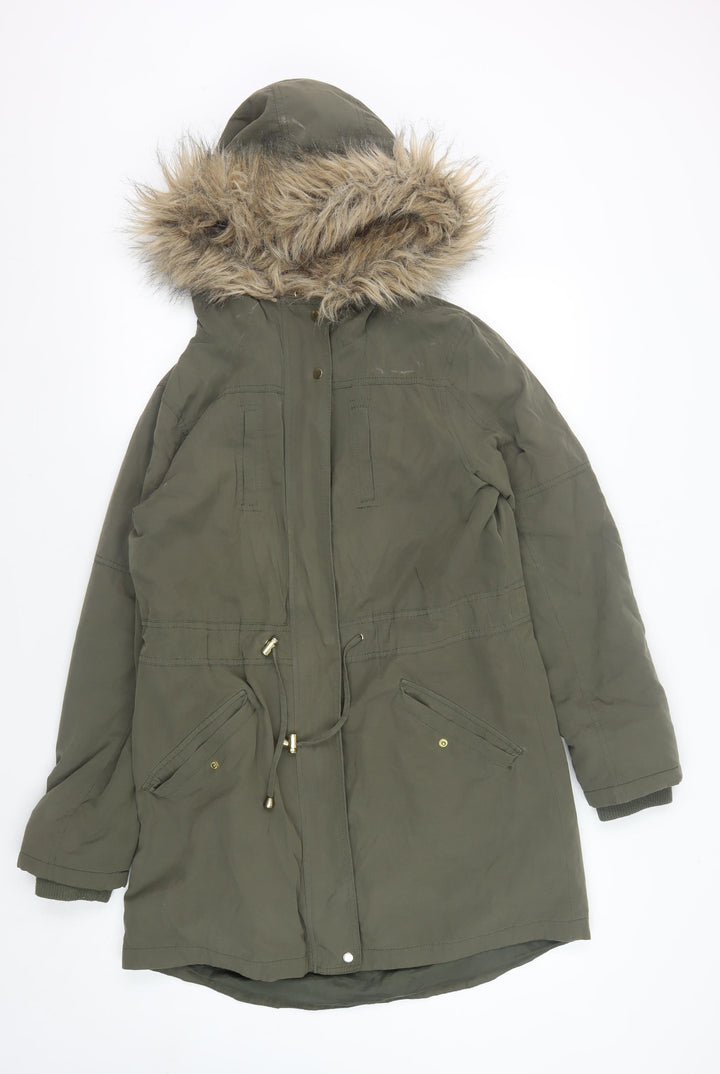 Oasis Women's Green Parka Coat S Hooded Winter Fur Trim