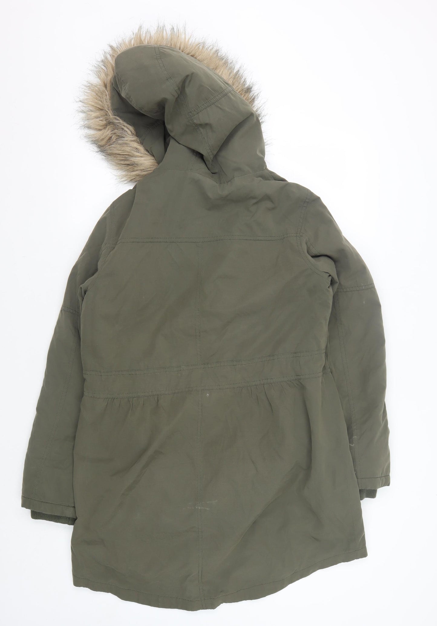 Oasis Women's Green Parka Coat S Hooded Winter Fur Trim