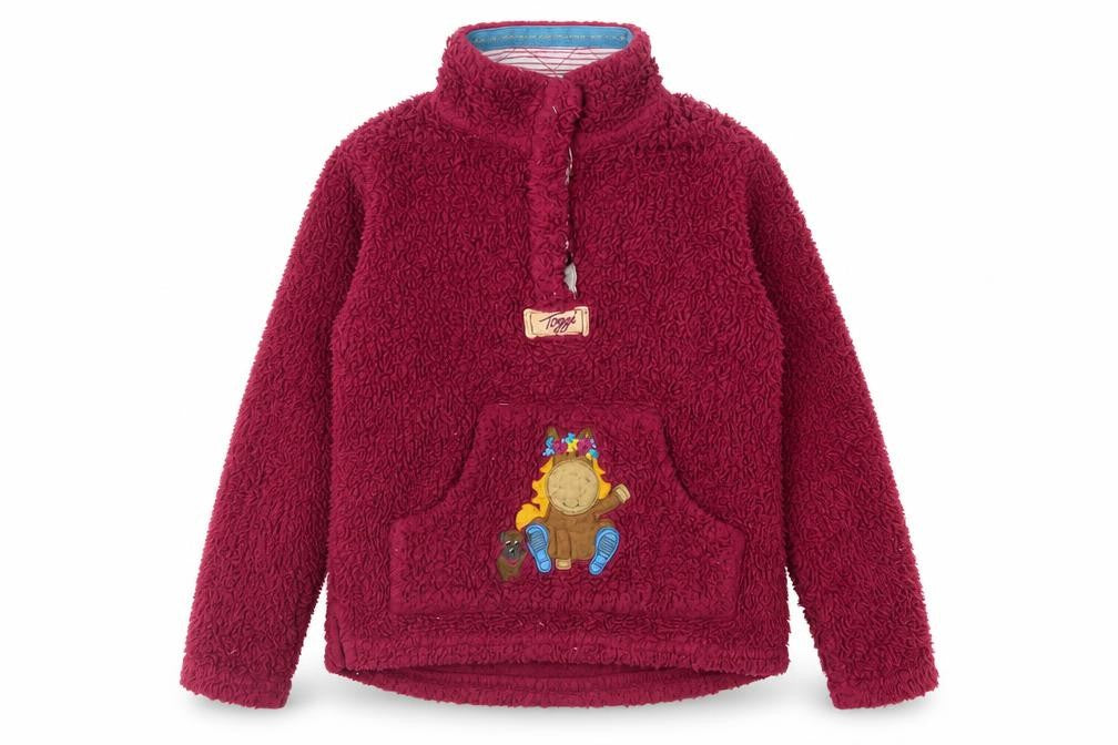 Front view of Toggi girls’ red fleece pullover sweatshirt 7-8 years
