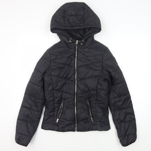 Bershka Women's Black Puffer Jacket, Size S, Hooded Zip