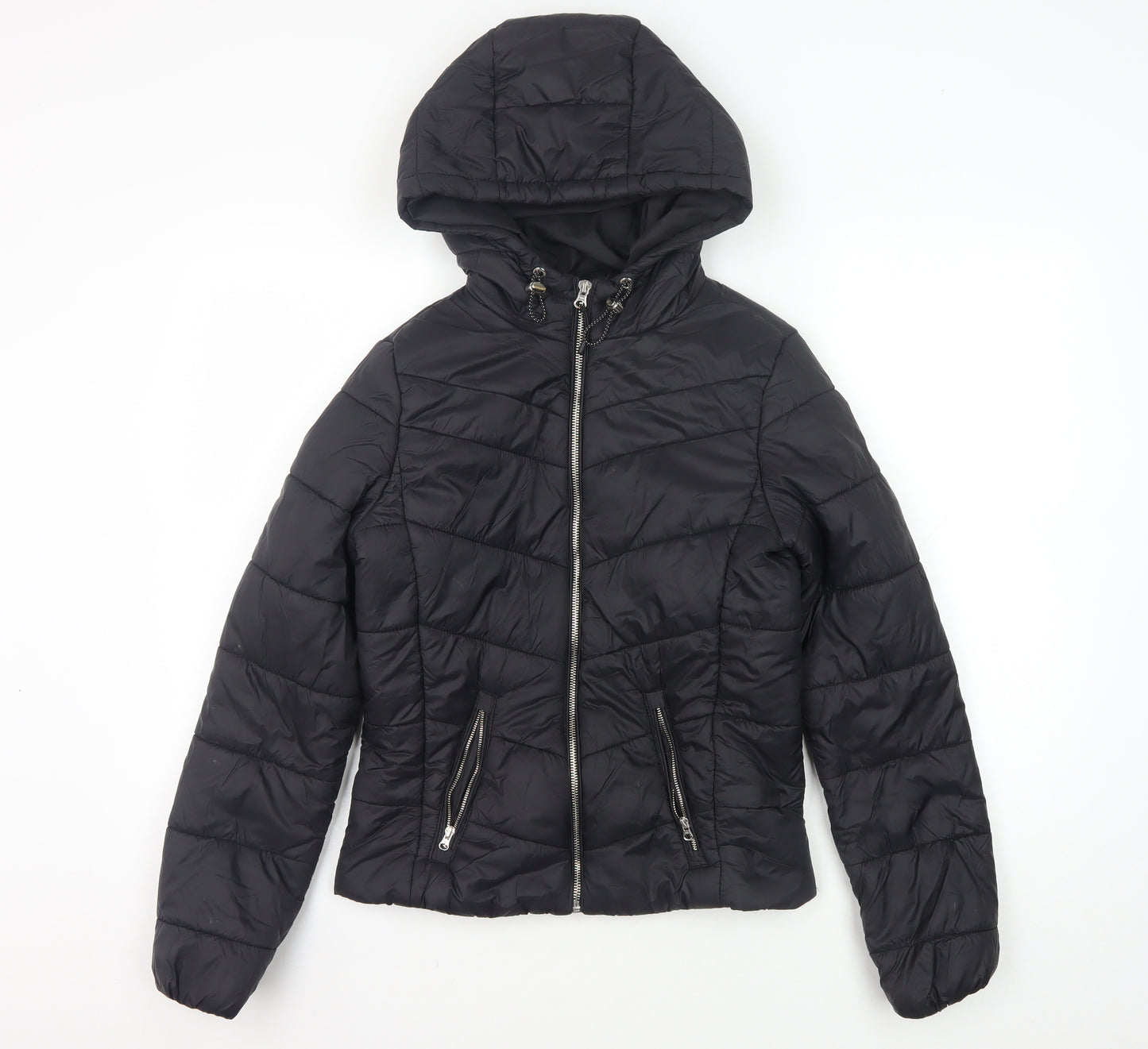 Bershka Women's Black Puffer Jacket, Size S, Hooded Zip