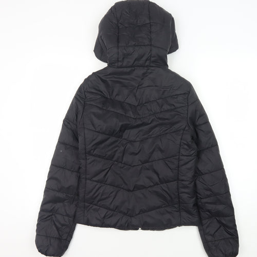 Bershka Women's Black Puffer Jacket, Size S, Hooded Zip