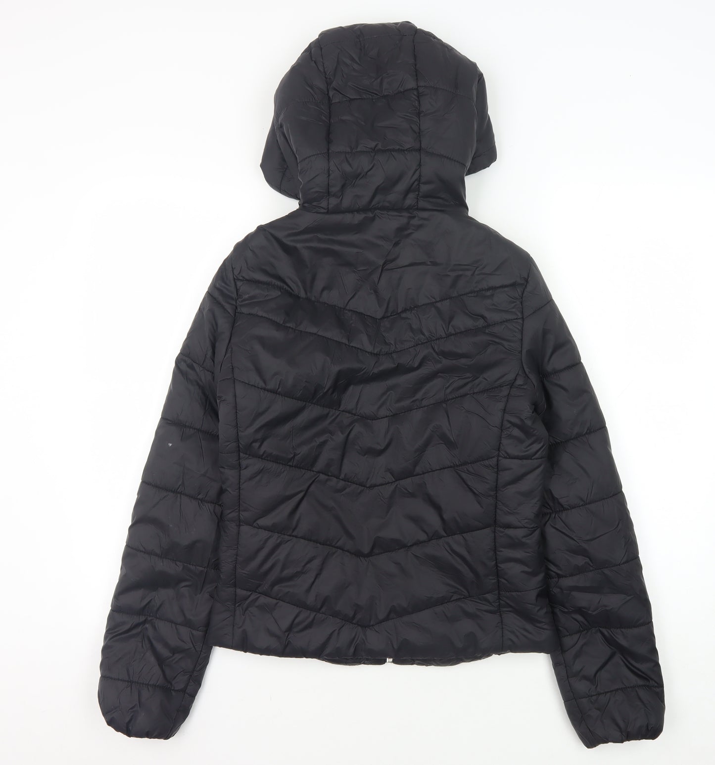 Bershka Women's Black Puffer Jacket, Size S, Hooded Zip