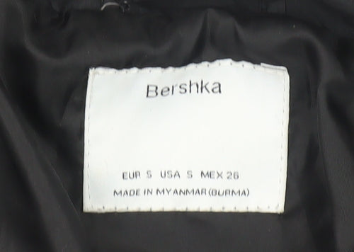 Bershka Women's Black Puffer Jacket, Size S, Hooded Zip