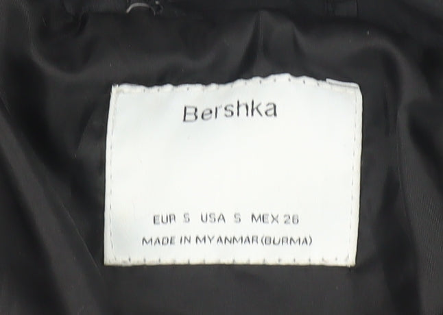 Bershka Women's Black Puffer Jacket, Size S, Hooded Zip