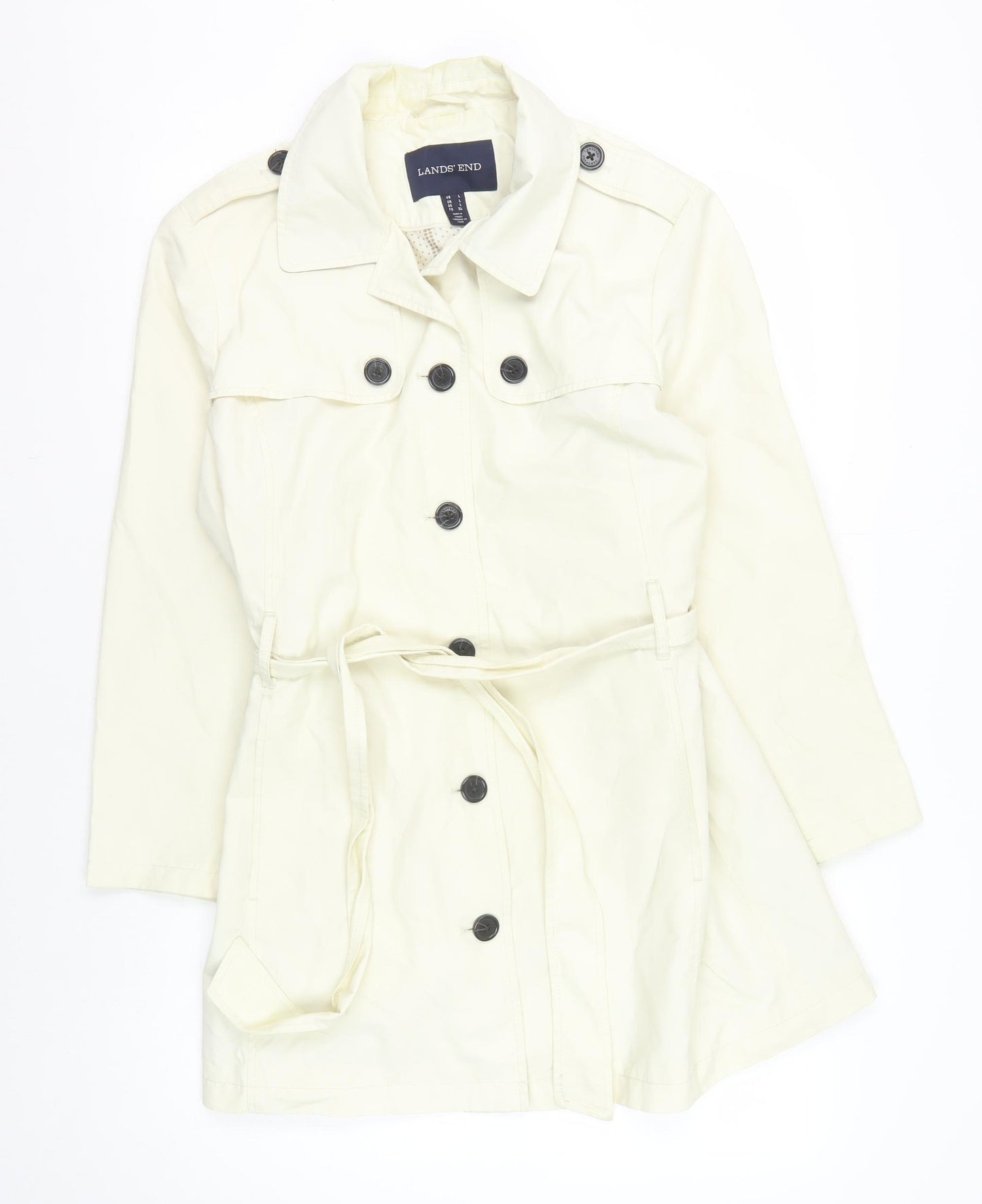 Lands' End Women's White Trench Coat Size L Button Belted