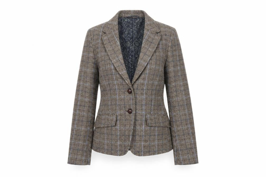 Front view of H&M Women's Brown Plaid Wool Blazer, size 10, Autumn