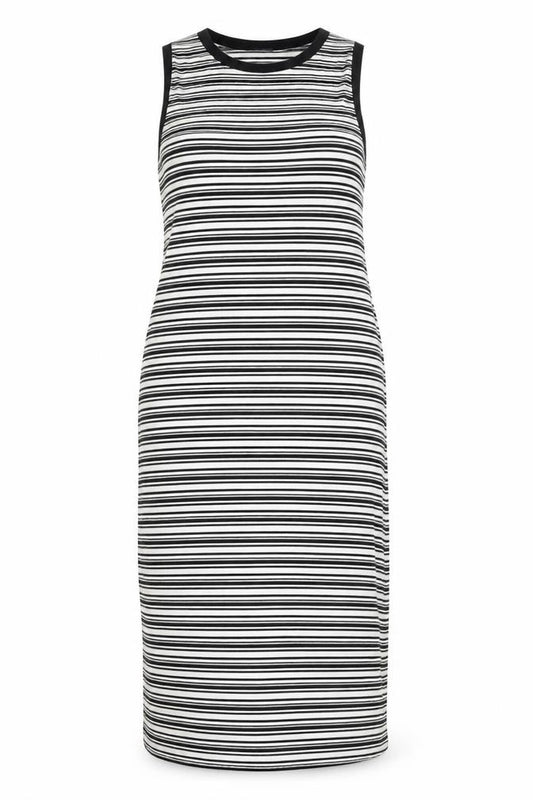 Front view of Warehouse Women's Striped Sleeveless Dress, size 18