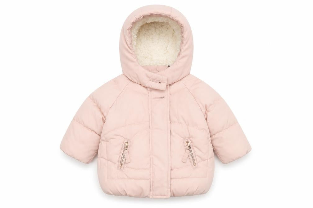 Front view of Next Pink unisex baby puffer jacket 3-6 months hooded