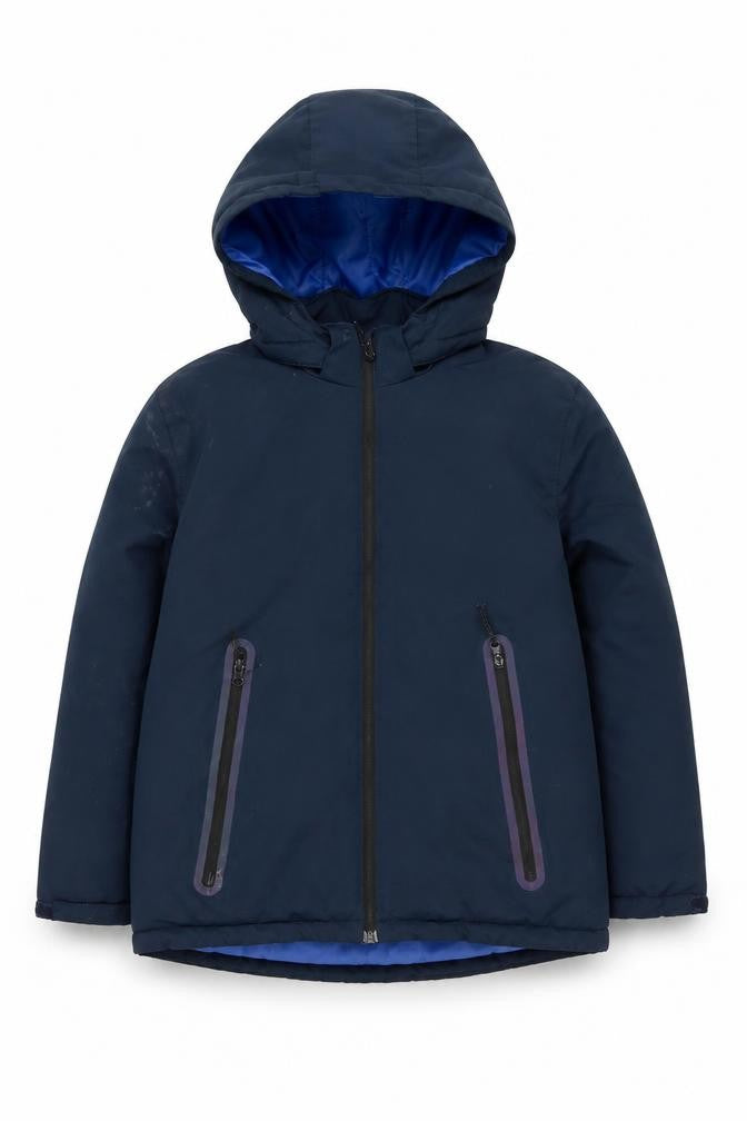 Front view of H&M boys’ blue winter puffer jacket, size 11-12, years
