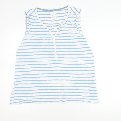 White Stuff Women's Blue Stripe Sleeveless Henley T-Shirt