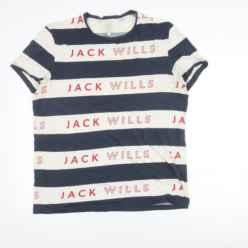 Jack Wills Men's Blue Striped T-Shirt, Size L, Logo Accents