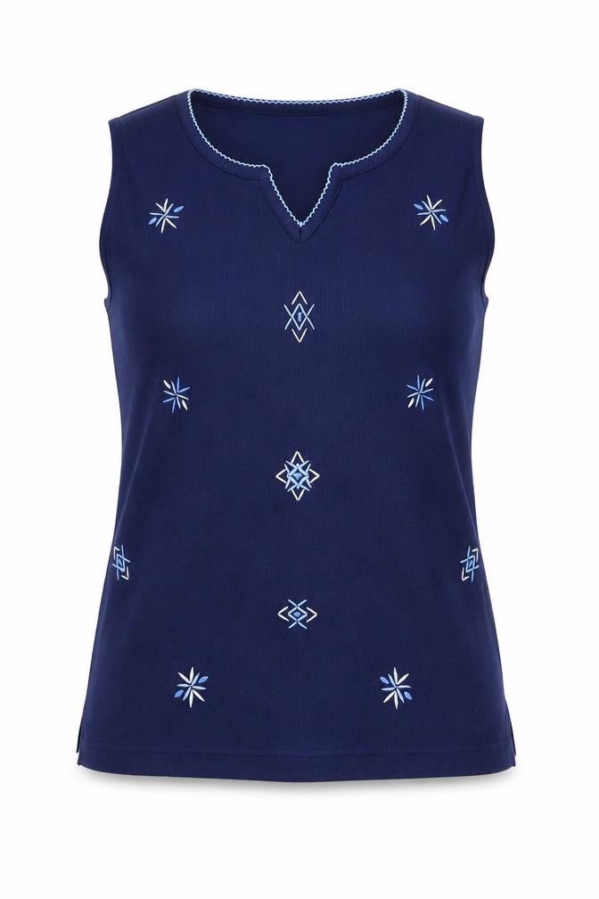 Front view of Bonmarché Women's Blue Embroidered Tank Top S