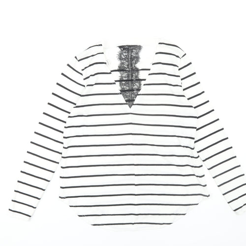 Next Women's White Striped V-Neck T-Shirt Size 10