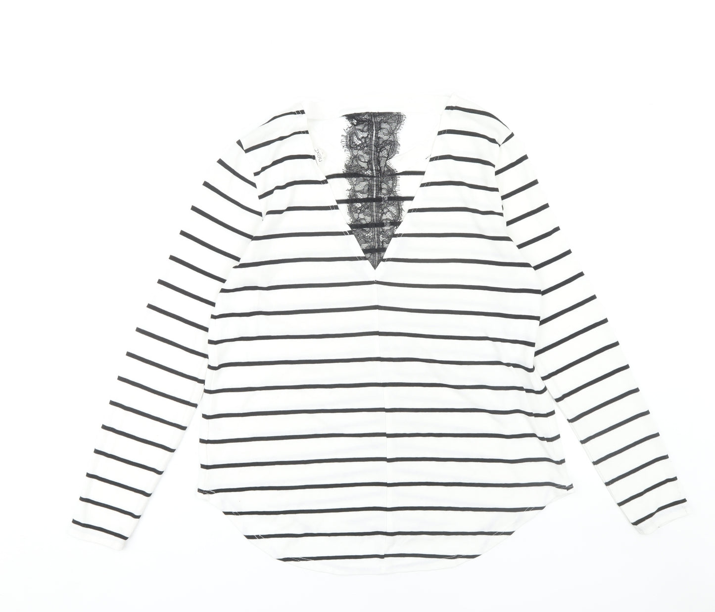 Next Women's White Striped V-Neck T-Shirt Size 10