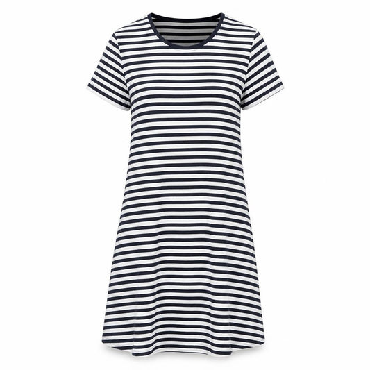 Front view of Only Women's Black M T-Shirt Dress Striped Cotton Casual