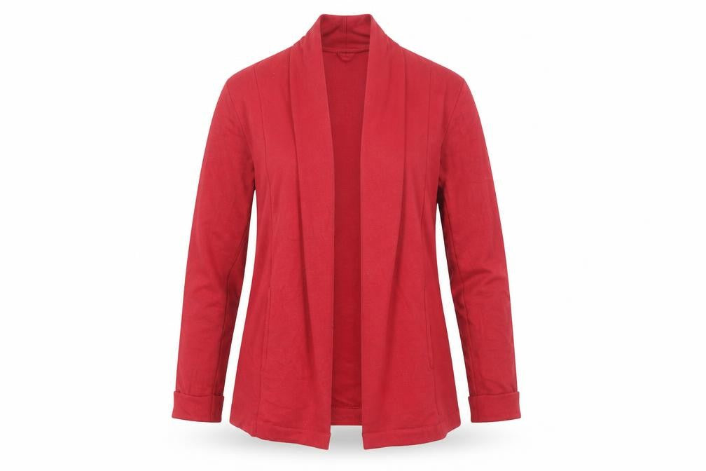 Front view of John Baner Women's Red Jacket, size S, Organic Cotton